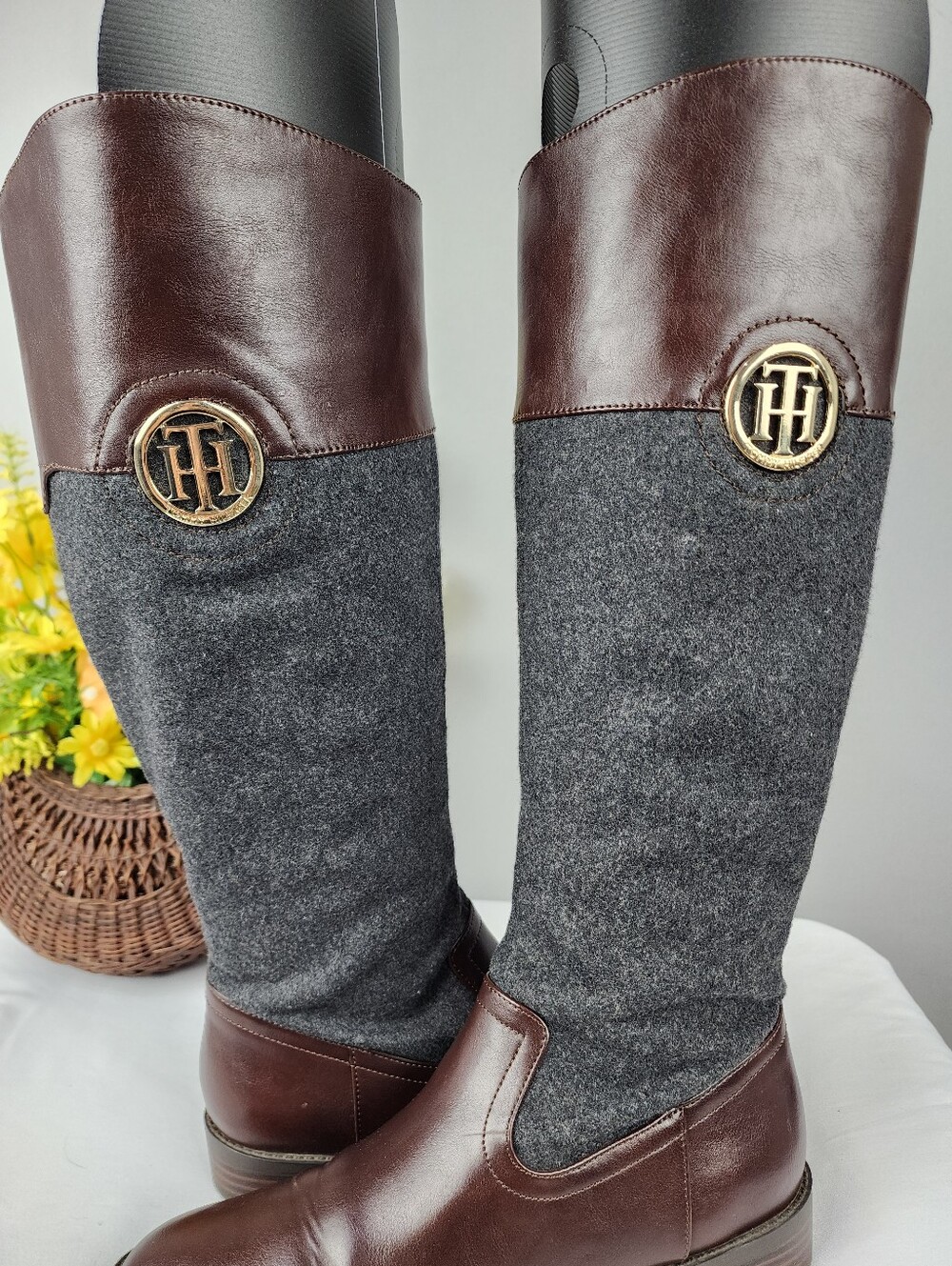 Tommy Hilfiger Madelen Tall Boots - Brown Leather & Grey Wool Sz 8 - Picture 9 of 11